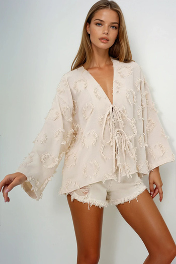 VAGGON Women's Beige V-Neck Front Tie Tassel Detailed Summer Linen Jacket Prmx13793
