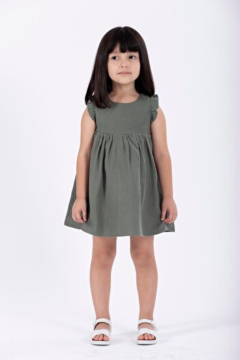 zepkids Khaki Colored Girl's Dress - Ruffle Shoulder and Pleated Design