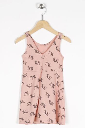 zepkids Round Neck Zero Sleeve Unicorn Metre - Dark Powder Color Girl's Dress