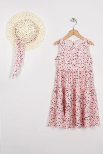 zepkids Crew Neck Zero Sleeve Hat Accessory Pink Color Girl's Dress