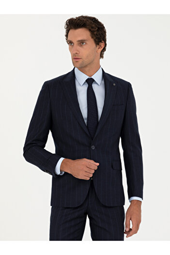 Cacharel Lacivert Slim Fit %100 Yün Çizgili Kırlangıç Yaka Takım Elbise 50276505-VR033
