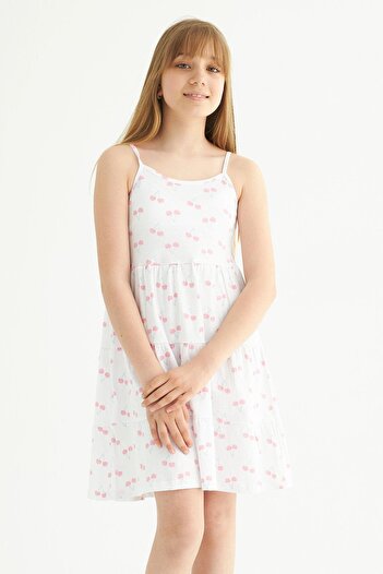 zepkids Round Neck Zero Sleeve Strap Cherry Pattern - White Color Girl's Dress
