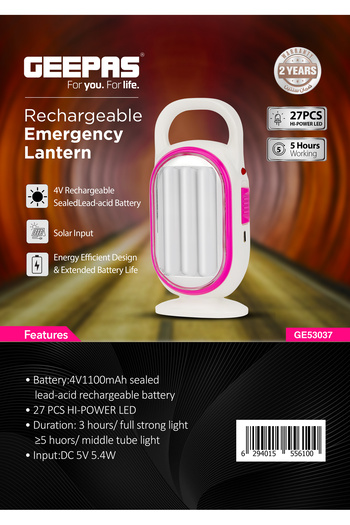 Geepas فانوس طوارئ LED-GE53037، 27 قطعة من مصابيح LED عالية الطاقة، و5 ساعات عمل | صغير الحجم وقابل للحمل