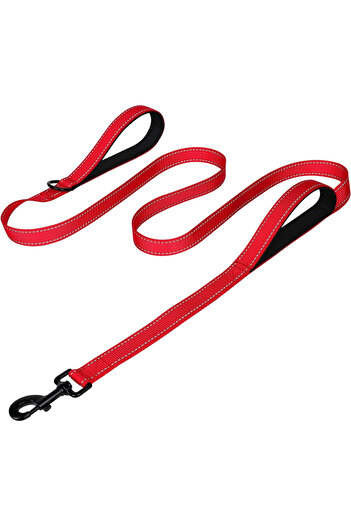 Choice M Red Heavy Duty Double Handle Dog Leash with Reflective Strips for Night Safety - Ideal for Large a