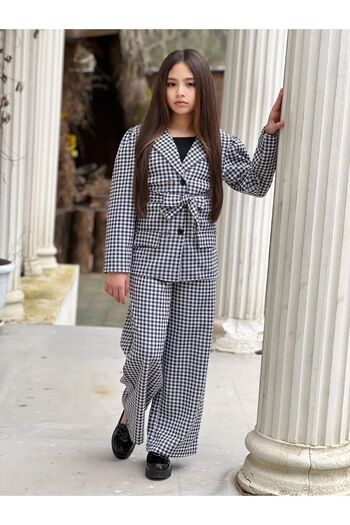 Kuzeyi Butik Girl's Eid Plaid Jacket and Pants Double Combination