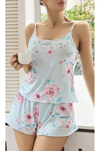 GİVARO - Set de cămașă de noapte cu panglică cu imprimeu floral albastru bebeluș cu pantaloni scurți suspendați