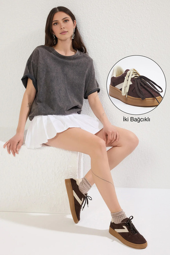 TRENDYOL SHOES Dark Brown Two Lace-Up Dual-Use Women's Retro Sneakers Takss25Sn00009