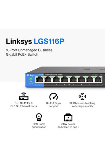 Linksys LGS116P: 16-Port Business Desktop Gigabit PoE+ Unmanaged Network Switch, Ethernet Plus, Wire