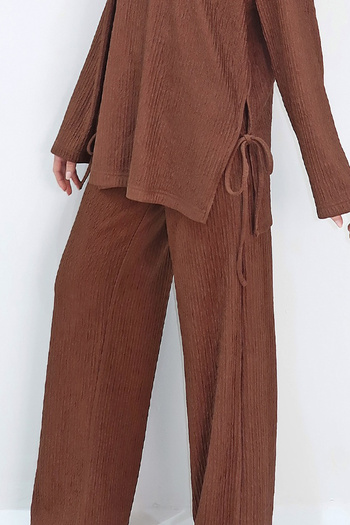 Trend Alaçatı Stili Women's Brown Crew Neck Lacing Detailed Wide Cut Blouse and Pants Set Alc-X13701