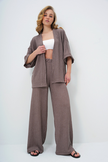 Trend Alaçatı Stili Women's Mink Double Sleeve Wrapped Fabric Summer Kimono and Pants Suit Alc-X13466