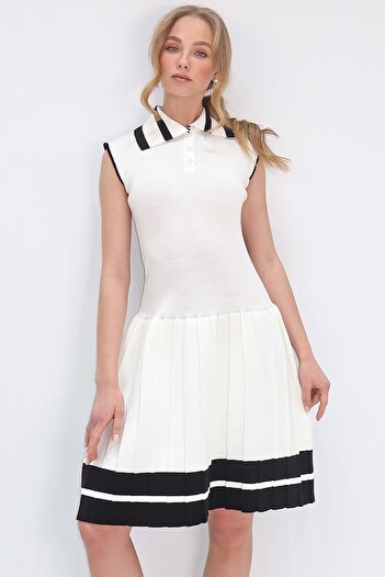 Trend Alaçatı Stili Women's Ecru Polo Neck Stripe Detailed Skirt Pleated Mini Dress Alc-X13678