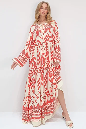 Trend Alaçatı Stili Women's Ecru-Coral Judge Collar Shawl Patterned Maxi Dress Alc-X11593
