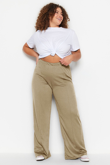 Trendyol Curve Beige Crepe High Waist Ribbed Knitted Trousers Tbbss23Ar00021