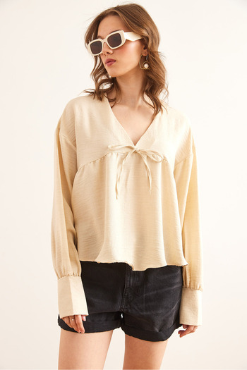 Olalook Women's Stone V-Neck Lace Detailed Blouse Blz- 19002860
