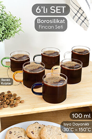 Meleni Home 6'lı Renkli Kulplu Kahve Fincan Takımı - Borosilikat Cam Espresso Kahve Bardağı 100 ml