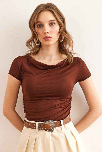 Olalook Women's Bitter Brown Degaje Collar Draped Viscose Blouse - Blz- 19002854