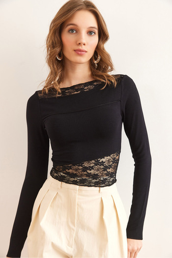 Olalook Black Lace Detailed Modal Keyline Women's Blouse Blz- 19002871