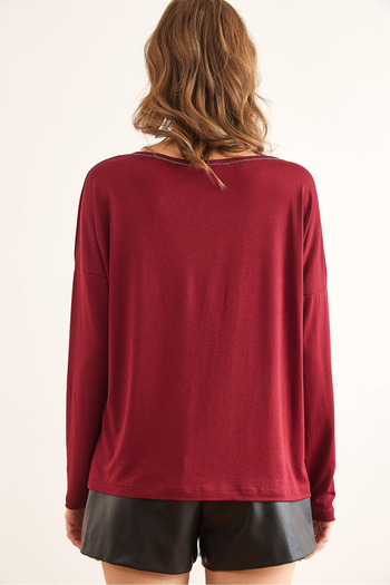 Olalook Women's Burgundy Silver Stitching Detailed V-Neck Viscose Blouse Blz- 19002747