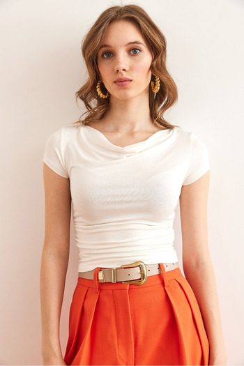 Olalook Women's Ecru Degaje Collar Draped Viscose Blouse Blz- 19002854