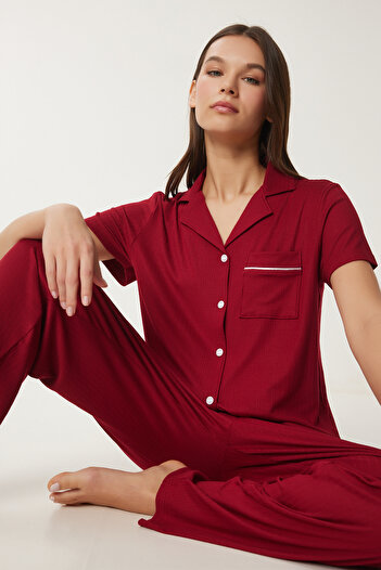 Happiness İstanbul Women's Burgundy Shirt Bottom Knitted Pajama Set Pq00001