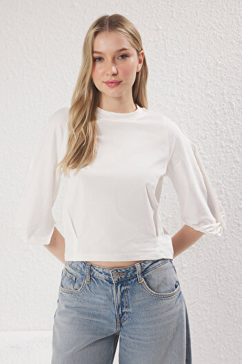 Trendyol Collection Ecru Sleeve Detail 100% Cotton Regular T-Shirt - Twoss25Ts00065