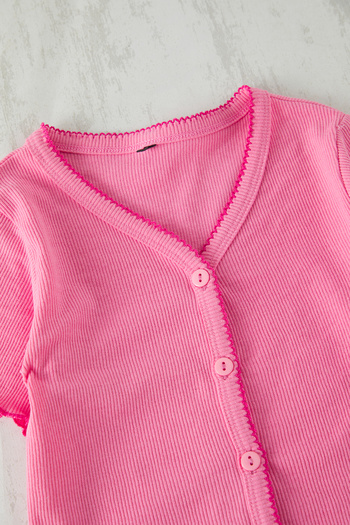 TRENDYOLKIDS Pink Female Child V-Neck Knitted Bottom-Top Suit Tkdss25Au00106