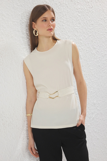Trendyol Collection Πλεκτή μπλούζα με ανοιχτή πέτρινη ζώνη κανονική/κανονική εφαρμογή TWOSS25BZ00088