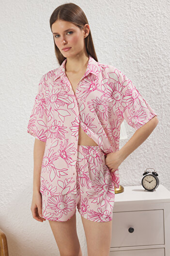 Trendyol Collection Pink Floral Viscose Shirt Shorts Woven Pajamas Set Thmss25Pt00305