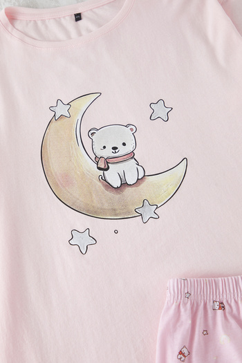 Trendyol Curve Pink Cotton Knitted Pajamas Set with Teddy Bear and Star Pattern - Tbbss25Ai00103