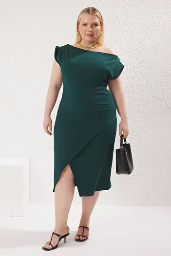Trendyol Curve Emerald Green Asymmetrical Neck Midi Slit Woven Plus Size Dress Tbbss25Ah00167