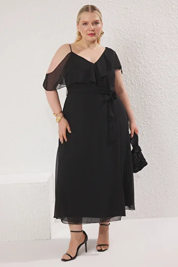 Trendyol Curve Black Chiffon Ruffle Midi Woven Plus Size Dress Tbbss25Ah00162