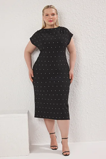 Trendyol Curve Black Sleeveless Stones Mini Woven Plus Size Party/Homecoming/Evening Dress Tbbss25Ah00164