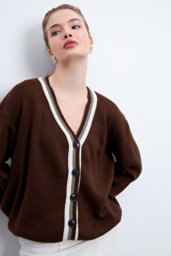 Know Καφέ ριγέ CarDigan με Drop ShoulDer και κουμπιά