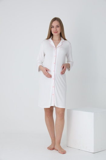 Miss Dünya Lissa White Pink Striped Shirt Collar Front Buttoned Maternity and Postpartum Nightgown