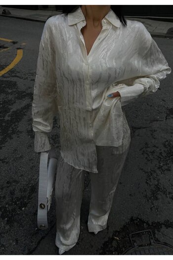 owwon Women's White Jacquard Trousers Shirt Double Satin Set