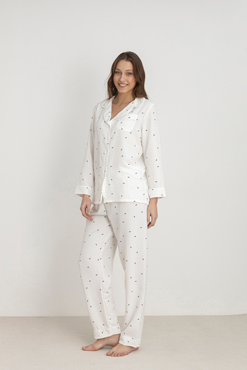 NAP Women's Button-Down Pajamas Set – Aerobin Fabric, Ecru Bow Tie, Light Pink Polka Dot, Light Green