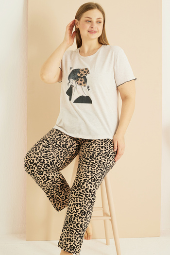 Siyah İnci Beige Leopard Pattern Large Size Oversized Cotton Pajama Set 25103723