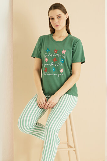 Siyah İnci yeşil desenli Pamuklu Bisiklet Yaka Örme Pijama Takım25103241