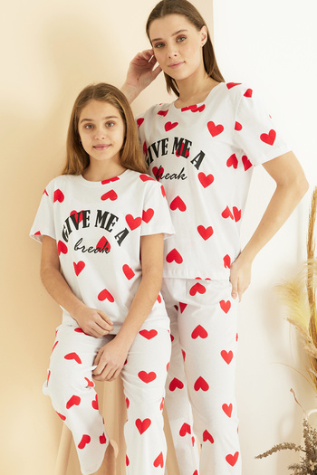 Siyah İnci Ecru Heart Patterned Cotton Crew Neck Knitted Pajama Set 25107148