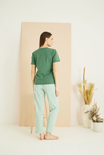 Siyah İnci yeşil desenli Pamuklu Bisiklet Yaka Örme Pijama Takım25103241