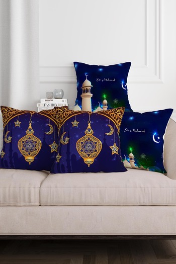 Sakallı Ramazan Temalı Mavi Renk Dijital Baskılı Hilal Desen 4lü Kırlent Kılıfı Seti