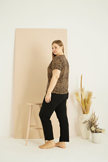 Siyah İnci leopar desenli Curve Büyük Beden Battal Boy Pamuklu Pijama Takım25103743