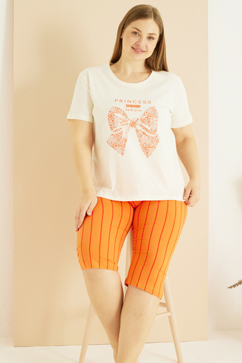 Siyah İnci Ecru Orange Patterned Curve Plus Size Oversize Cotton Capri Suit 25102710