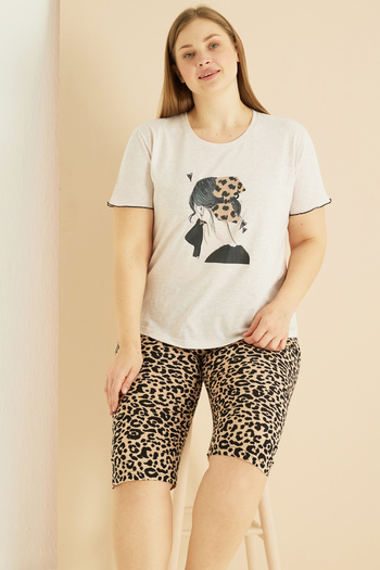 Siyah İnci Beige Leopard Patterncurve Large Size Oversized Sandal Set
