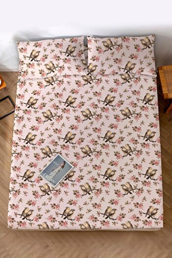 Rivaİstanbul Double Bed Sheet Powder Pink Bird Patterned Cotton