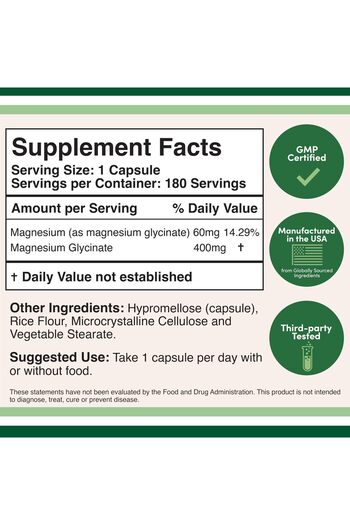 Double Wood Supplements Magnesium Glycinate 400mg, 180 Capsules - Vegan, Non-GMO, Gluten Free by Double Wood
