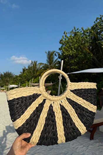 Ka Hijab Slice Pattern Round Knitted Straw Beach Bag 43X26 - Black