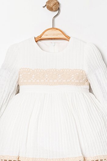 Bebüş Lined Cotton Fabric Lace Stripe Detailed Long Sleeve Ecru Baby Girl Dress 15323