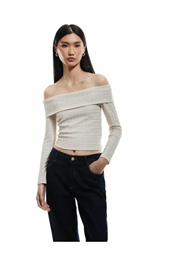 Koton Long Sleeve Textured Shoulder Open Madonna Collar Blouse
