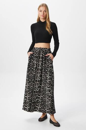 Ritnice Women's Luna Elastic Waist Pocket Gray Leopard Long Maxi Length Skirt